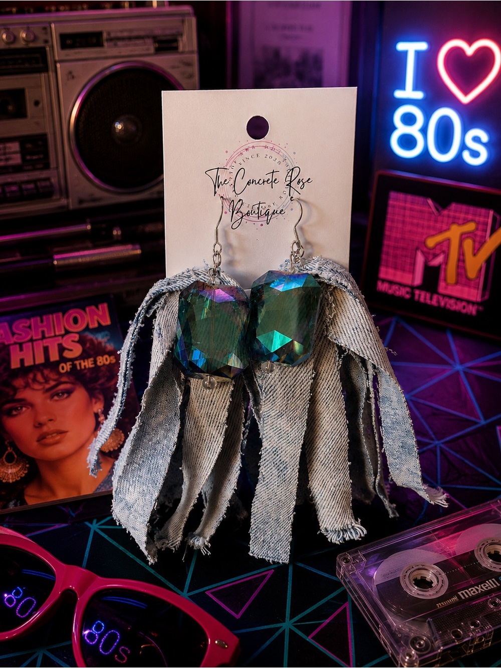 OOAK Acid Wash Fringe Custom Made Earrings with AB Crystal Accents 80s Vibes